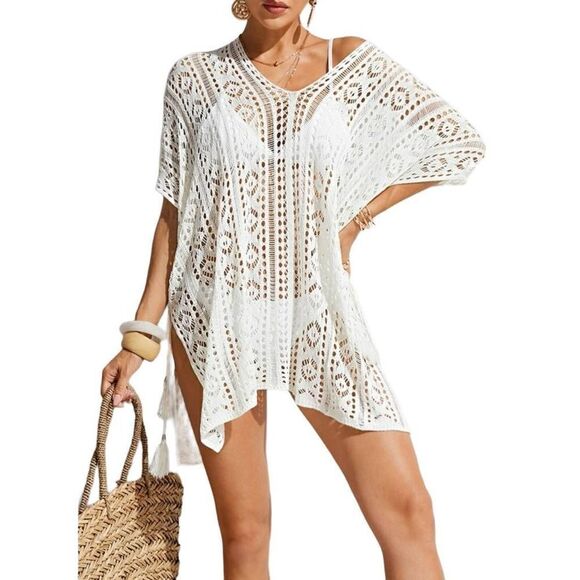 NEW Knit Tassel Side Slit Boho White Beach Cover-Up Size Medium - Picture 1 of 10